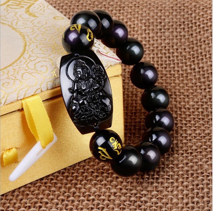 10MM  Natural Black Obsidian Buddha Bracelet