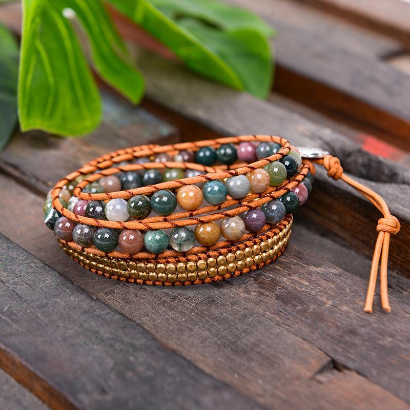 Triple Layer Natural Agate Leather Wrap Bracelet