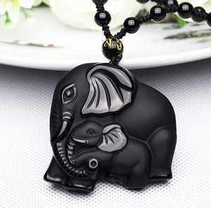 Natural Black Obsidian Carved Mother Elephant Necklace