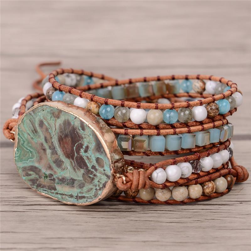 5 Layer Turquoise Jasper Stone  Leather Wrap Bracelet